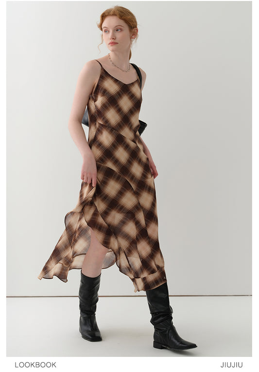 Ombre Plaid Paneled Cami Dress With Asymmetric Hem