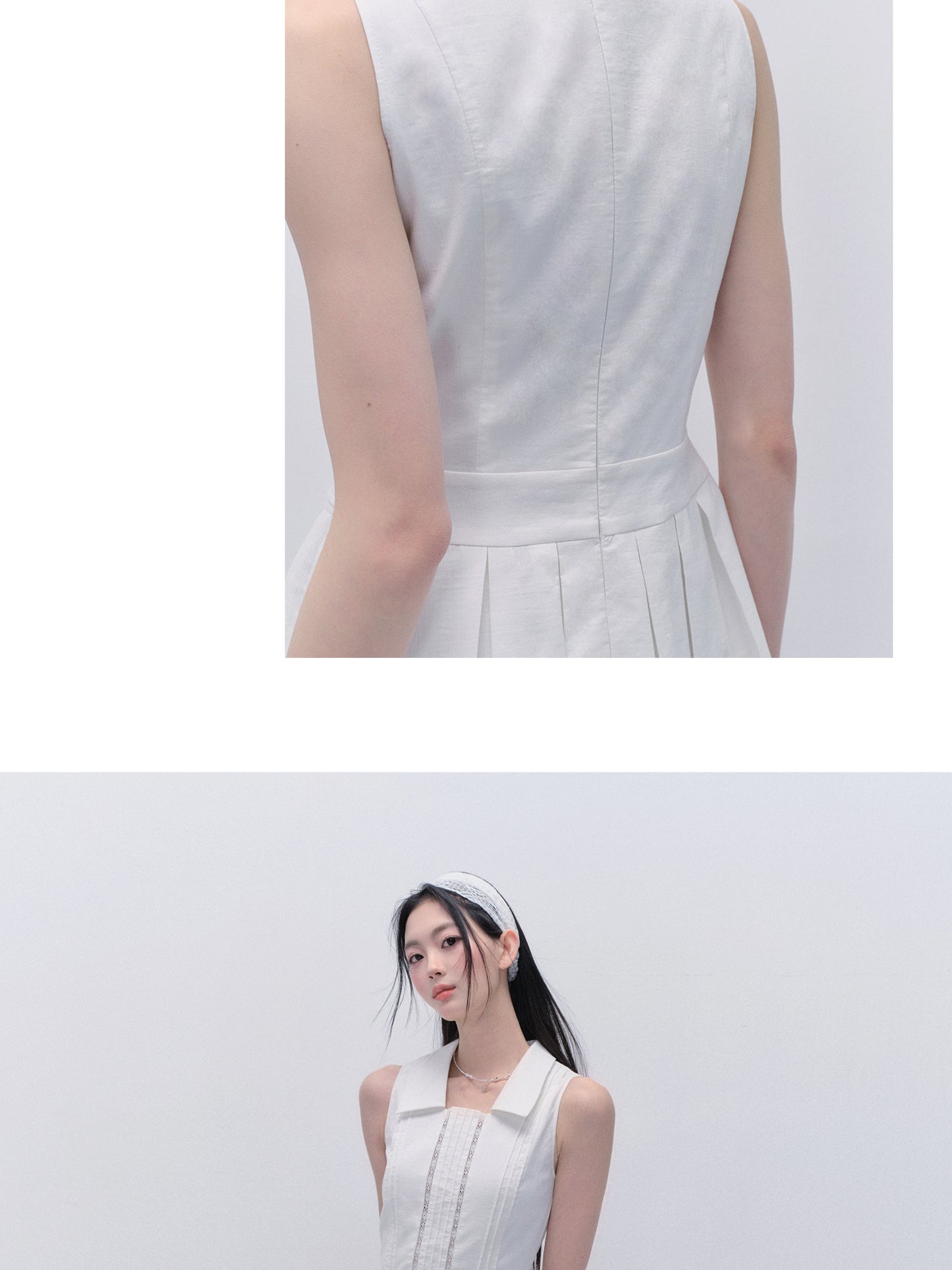 Collared Pin-Tuck Dress With Pleated Skirt