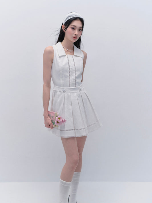 Collared Pin-Tuck Dress With Pleated Skirt