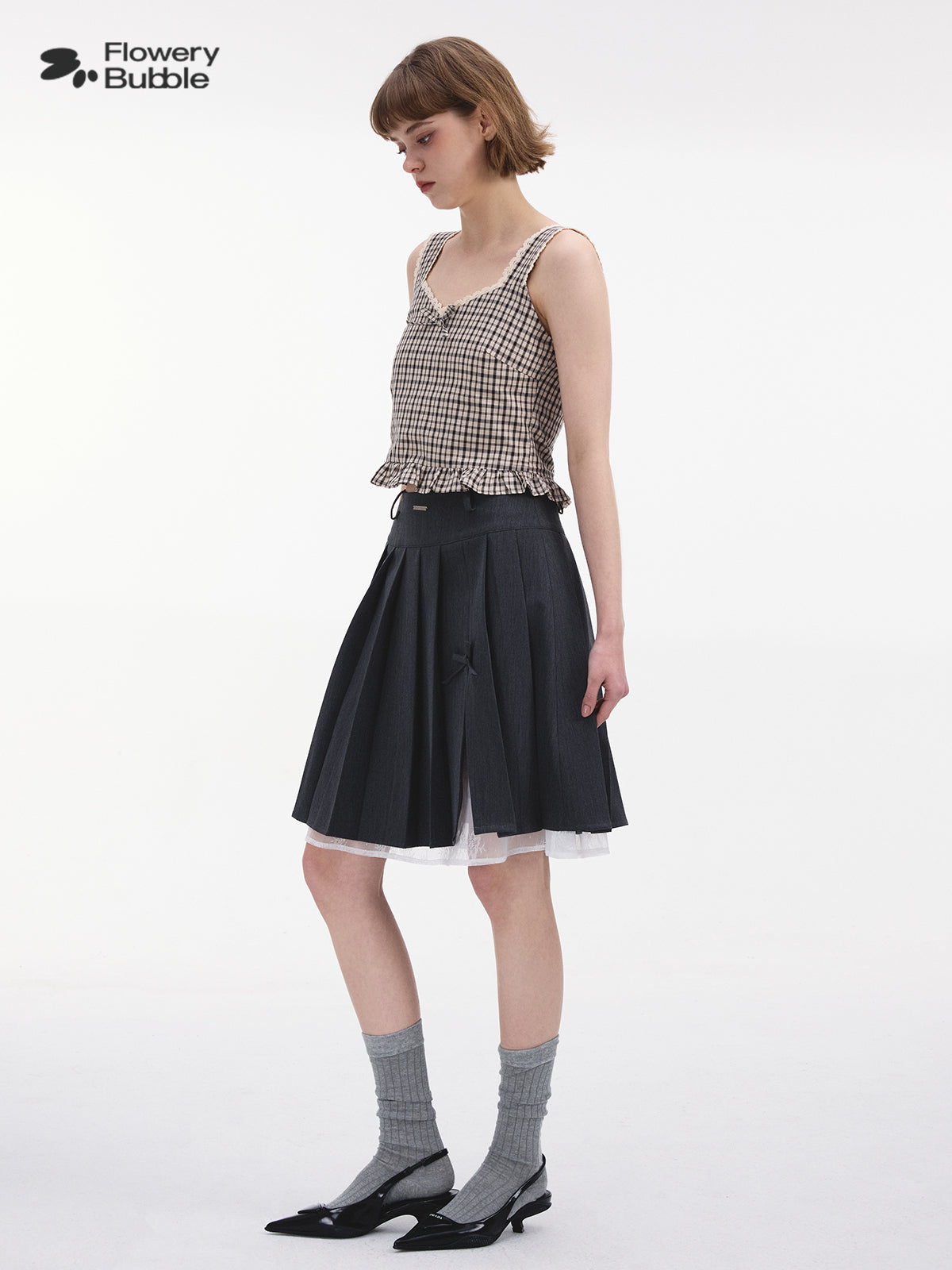 Pleated Side-Slit Skirt With Lace Underlay