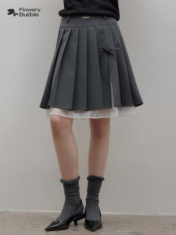 Pleated Side-Slit Skirt With Lace Underlay