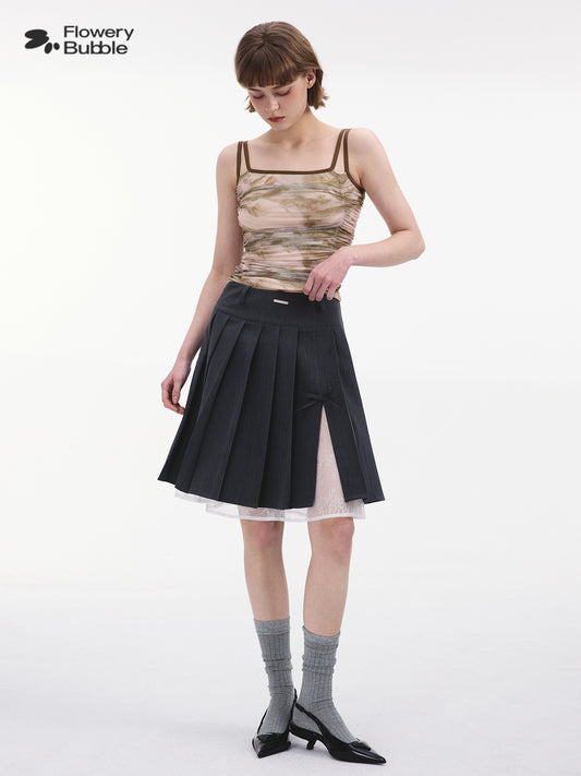 Pleated Side-Slit Skirt With Lace Underlay