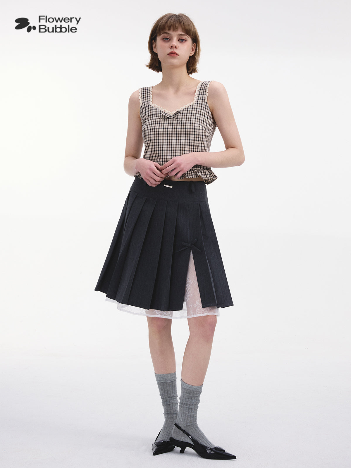 Pleated Side-Slit Skirt With Lace Underlay