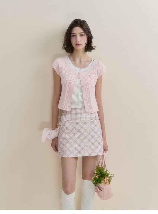 Contrast-Color Layered Short-Sleeve Knit Top