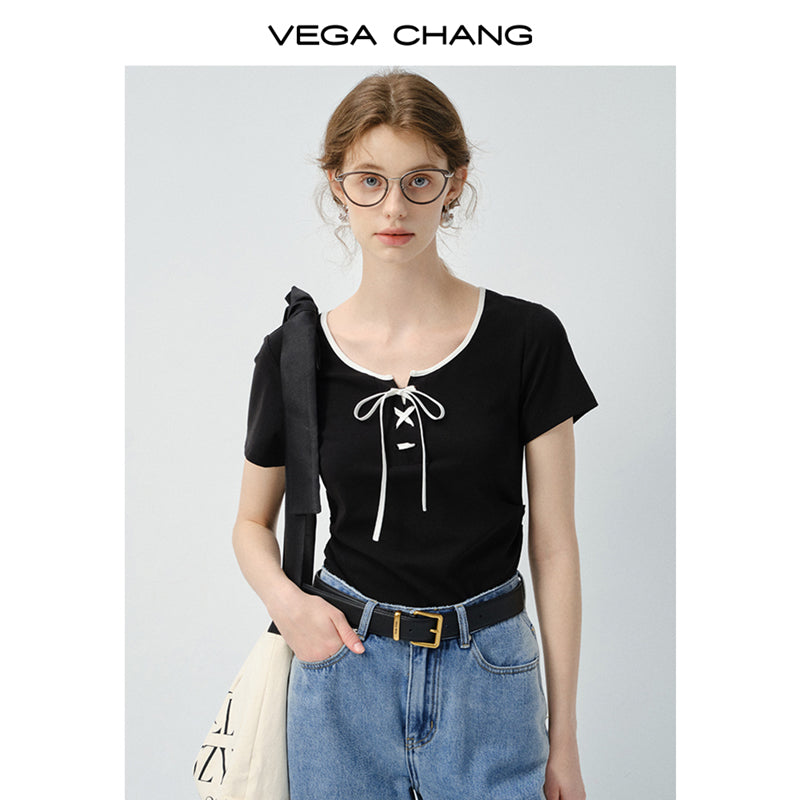 Cotton Blend Contrast Lace-Up T-Shirt