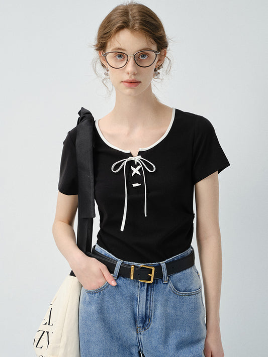 Cotton Blend Contrast Lace-Up T-Shirt