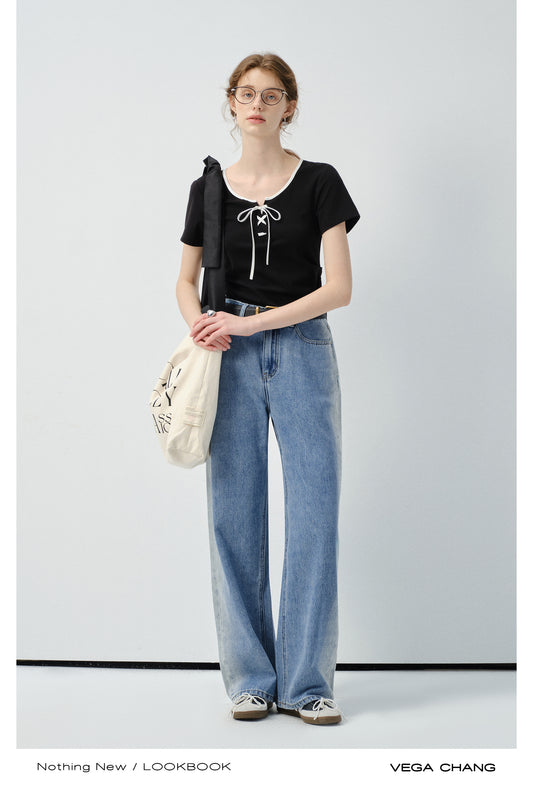 Cotton Blend Contrast Lace-Up T-Shirt