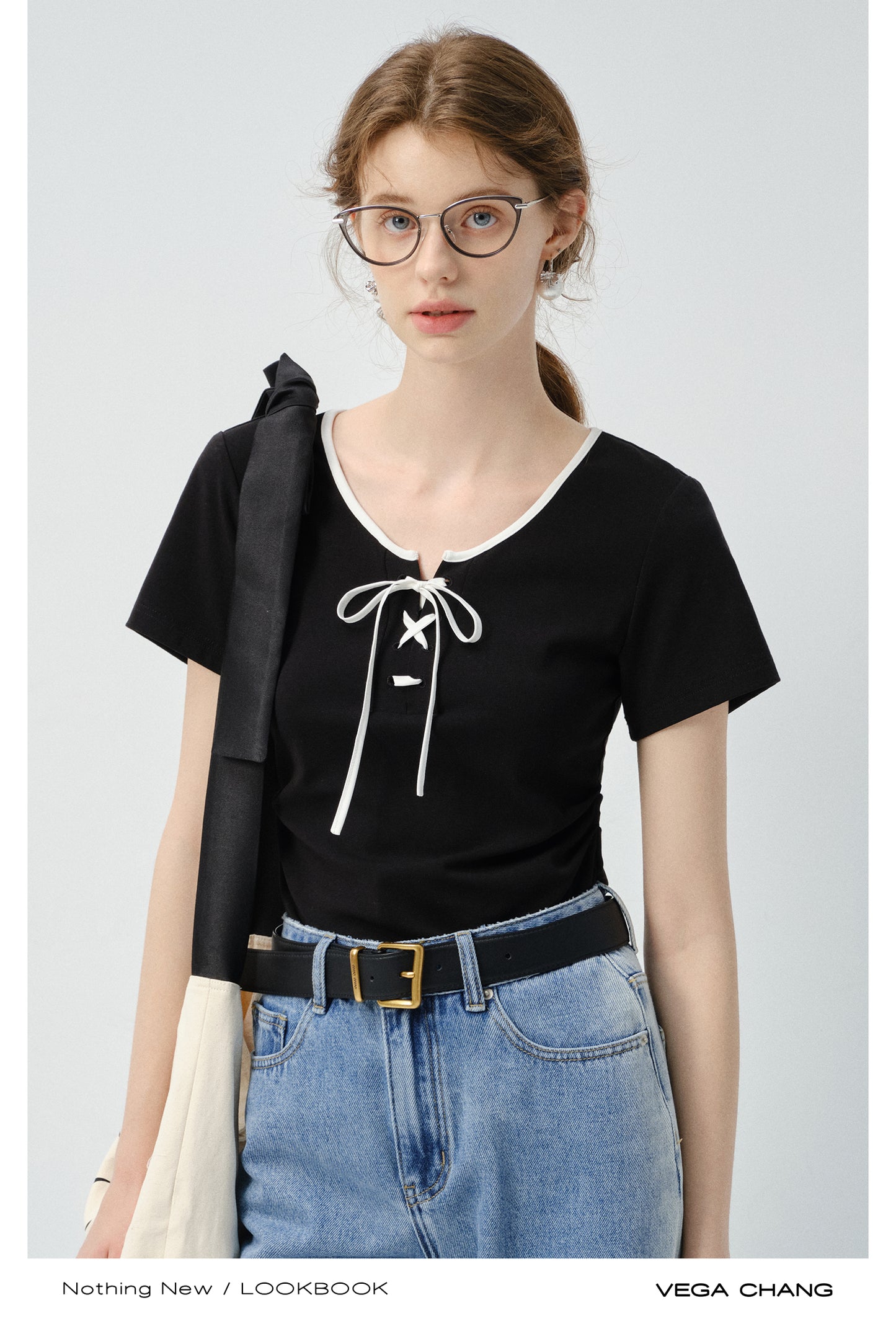 Cotton Blend Contrast Lace-Up T-Shirt
