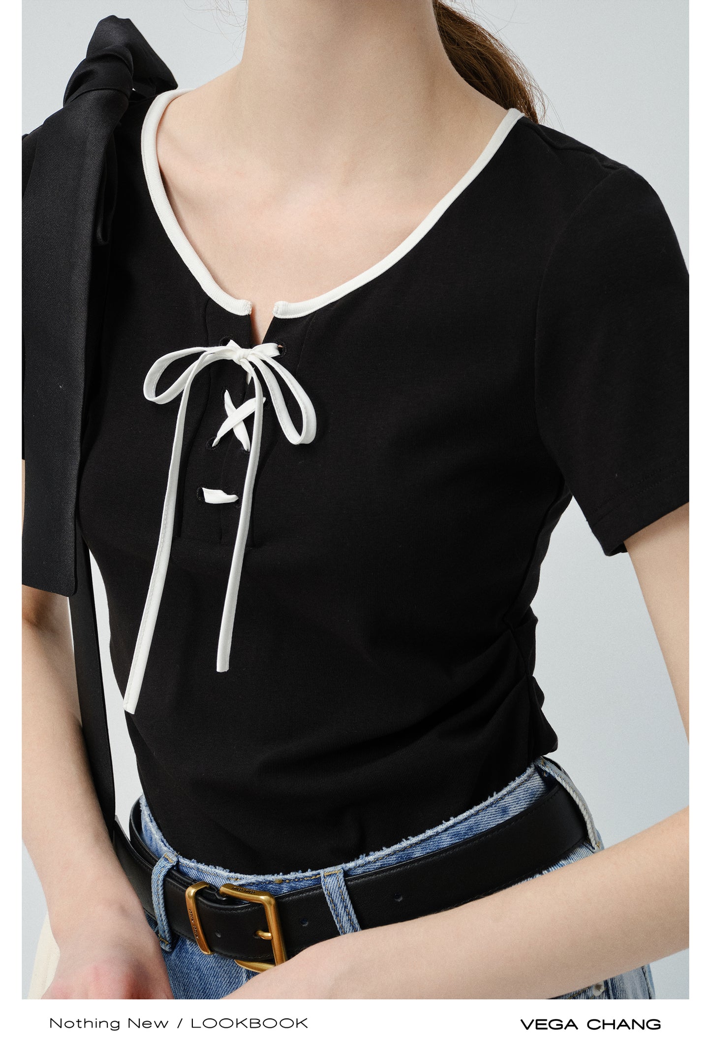 Cotton Blend Contrast Lace-Up T-Shirt