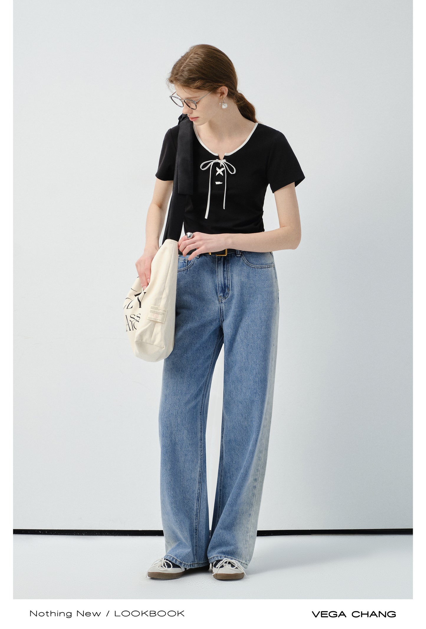 Cotton Blend Contrast Lace-Up T-Shirt