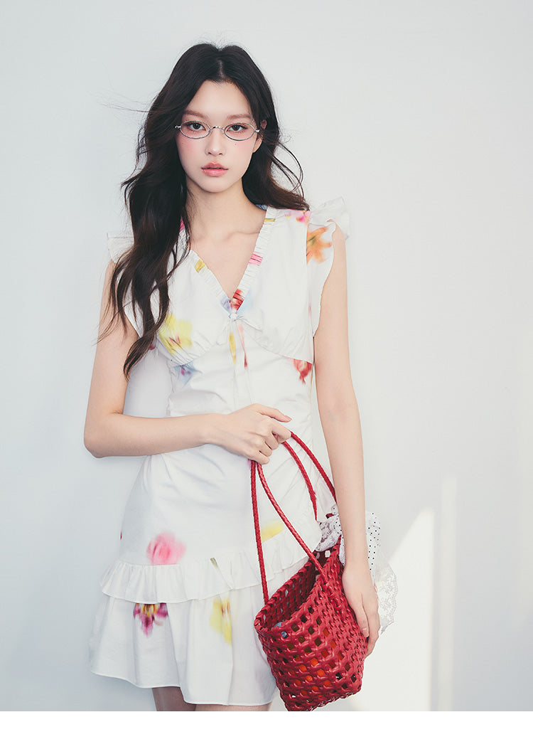 Blurry Floral Dress With Butterfly Sleeves