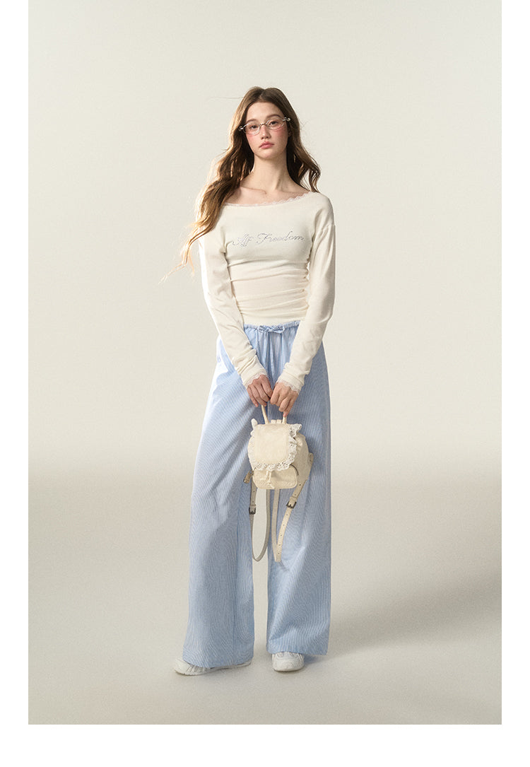 Wide-Leg Striped Cotton Blend Drawstring Pants