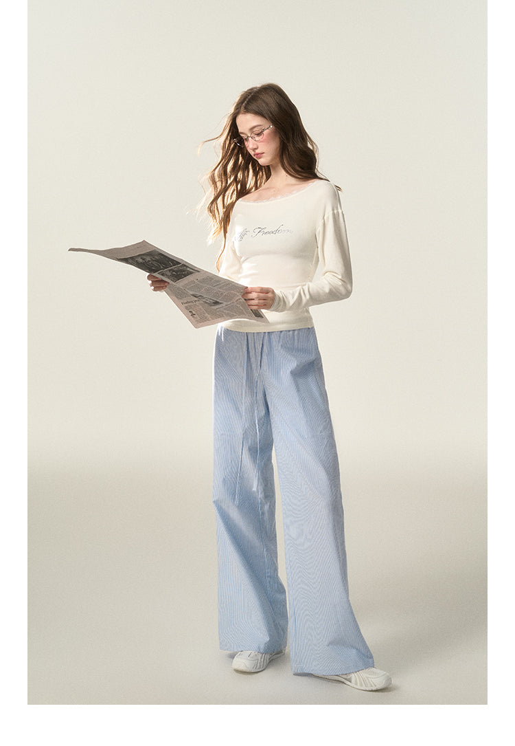 Wide-Leg Striped Cotton Blend Drawstring Pants