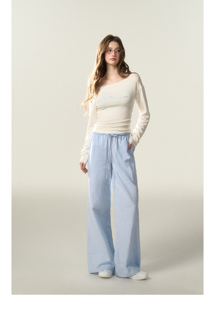 Wide-Leg Striped Cotton Blend Drawstring Pants
