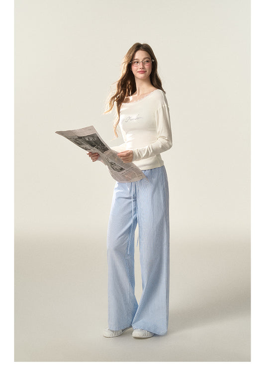Wide-Leg Striped Cotton Blend Drawstring Pants