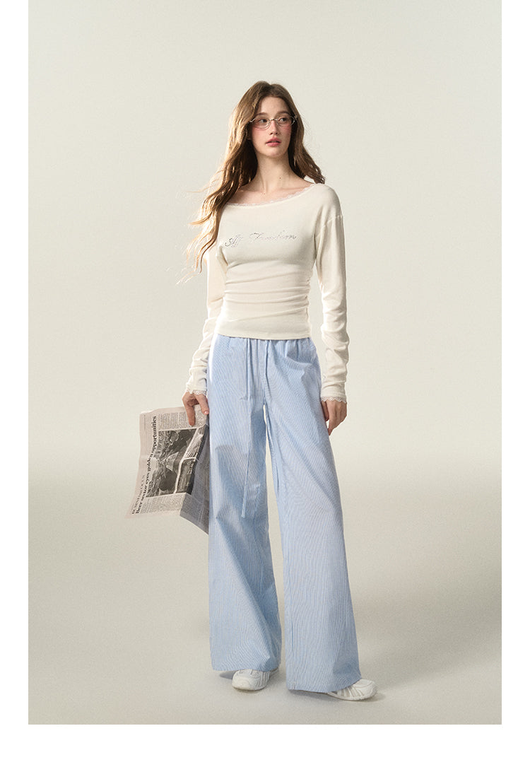 Wide-Leg Striped Cotton Blend Drawstring Pants