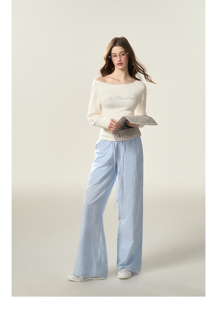 Wide-Leg Striped Cotton Blend Drawstring Pants