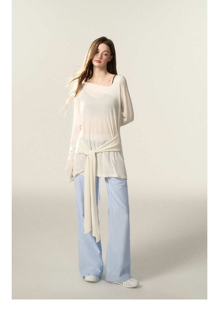 Wide-Leg Striped Cotton Blend Drawstring Pants