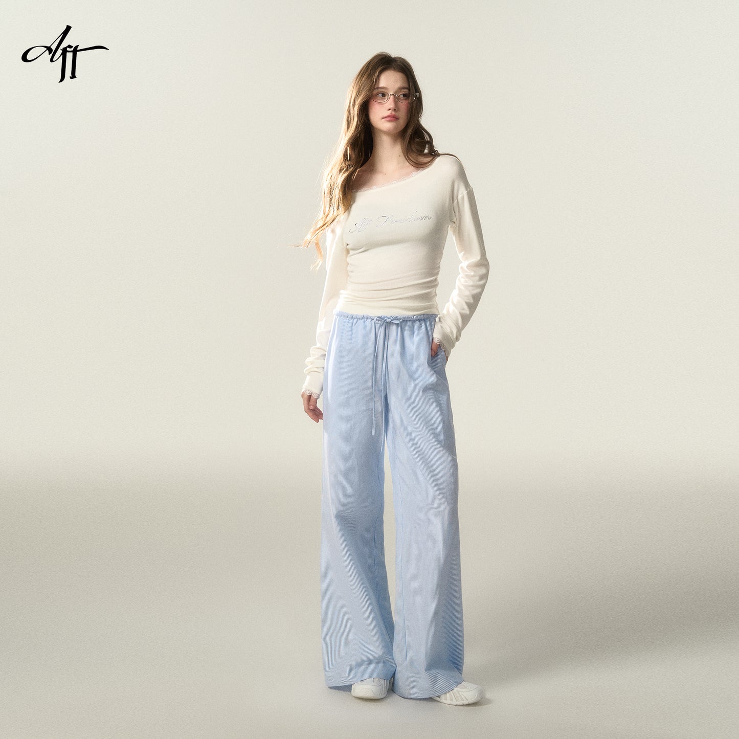 Wide-Leg Striped Cotton Blend Drawstring Pants