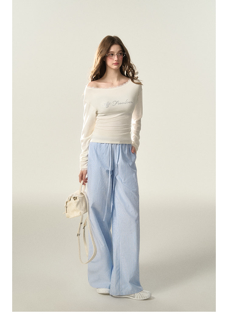 Wide-Leg Striped Cotton Blend Drawstring Pants