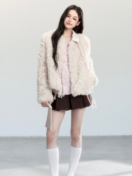 Faux Fur Jacket With Striped Shirt Collar
