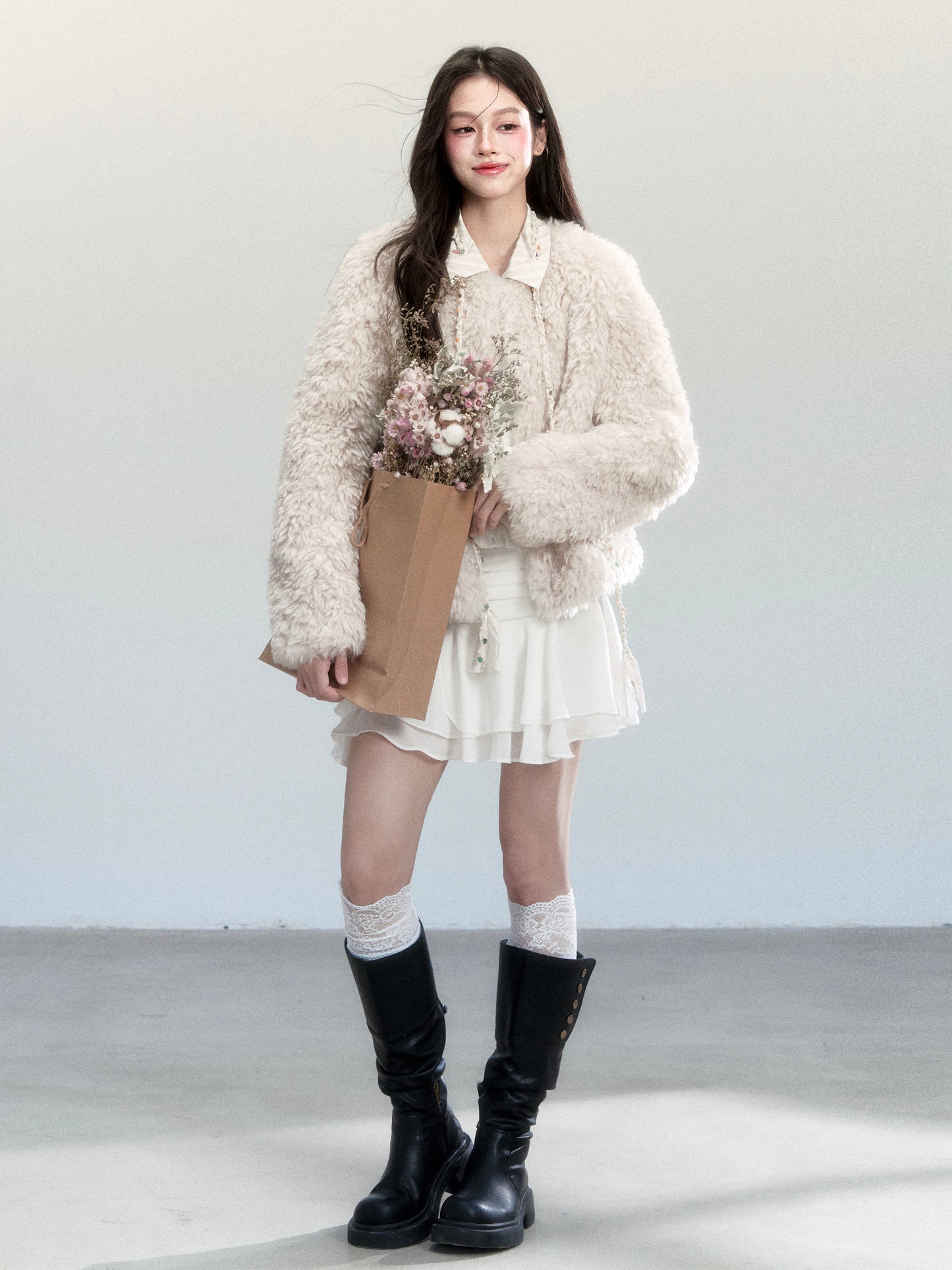 Faux Fur Jacket With Striped Shirt Collar