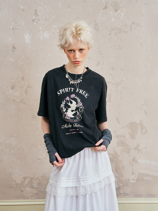 Swallow-Print Washed Cotton T-Shirt