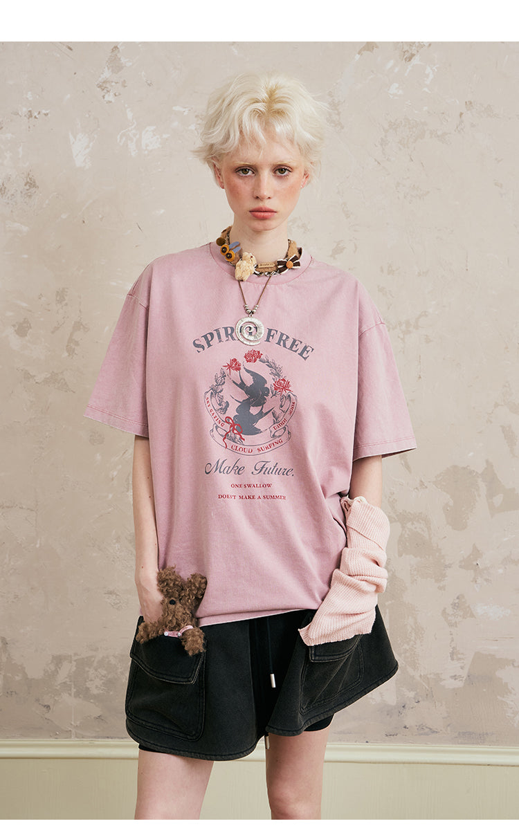 Swallow-Print Washed Cotton T-Shirt