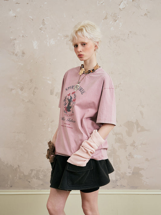 Swallow-Print Washed Cotton T-Shirt