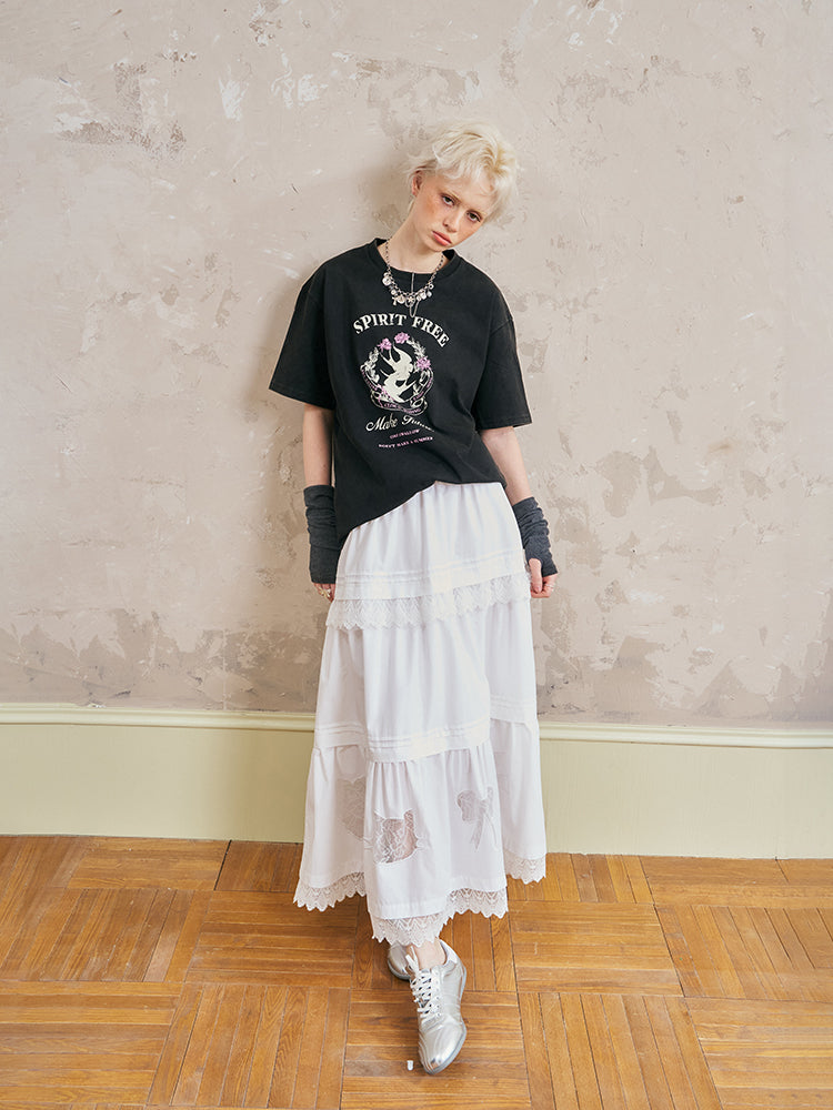 Swallow-Print Washed Cotton T-Shirt