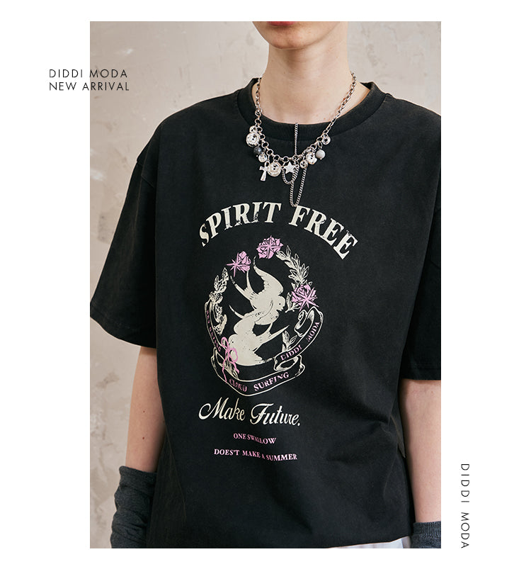 Swallow-Print Washed Cotton T-Shirt