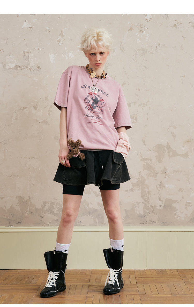 Swallow-Print Washed Cotton T-Shirt