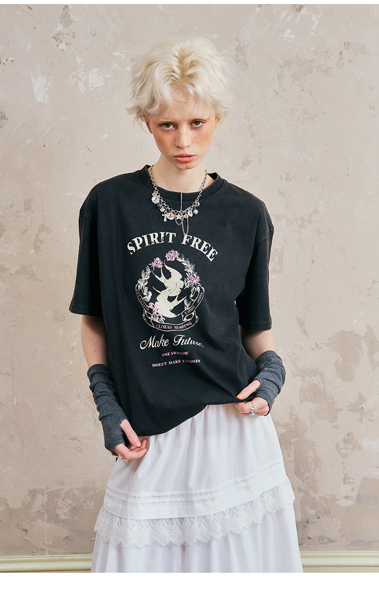 Swallow-Print Washed Cotton T-Shirt
