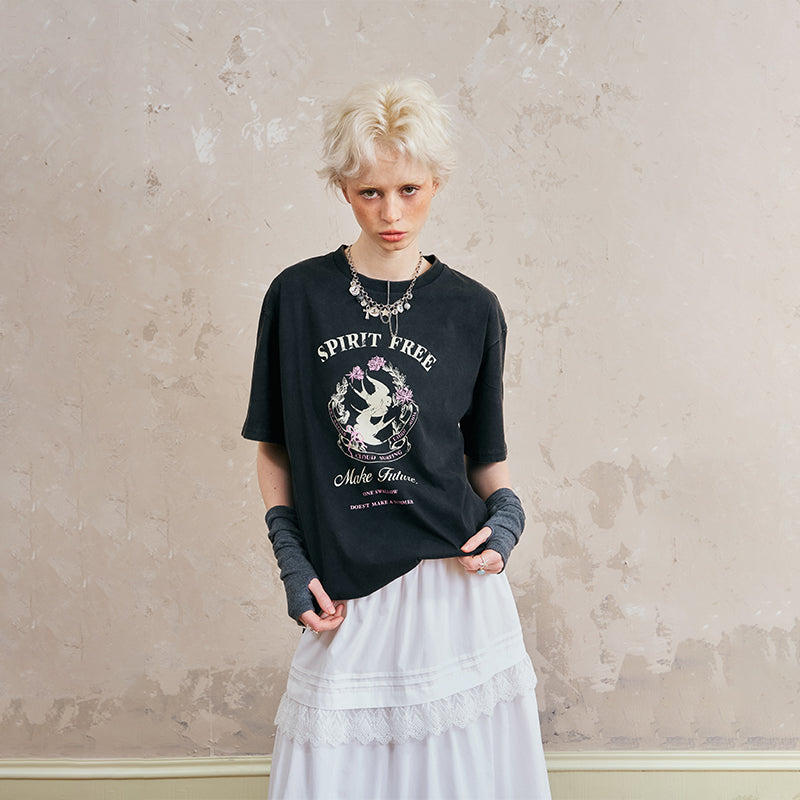 Swallow-Print Washed Cotton T-Shirt
