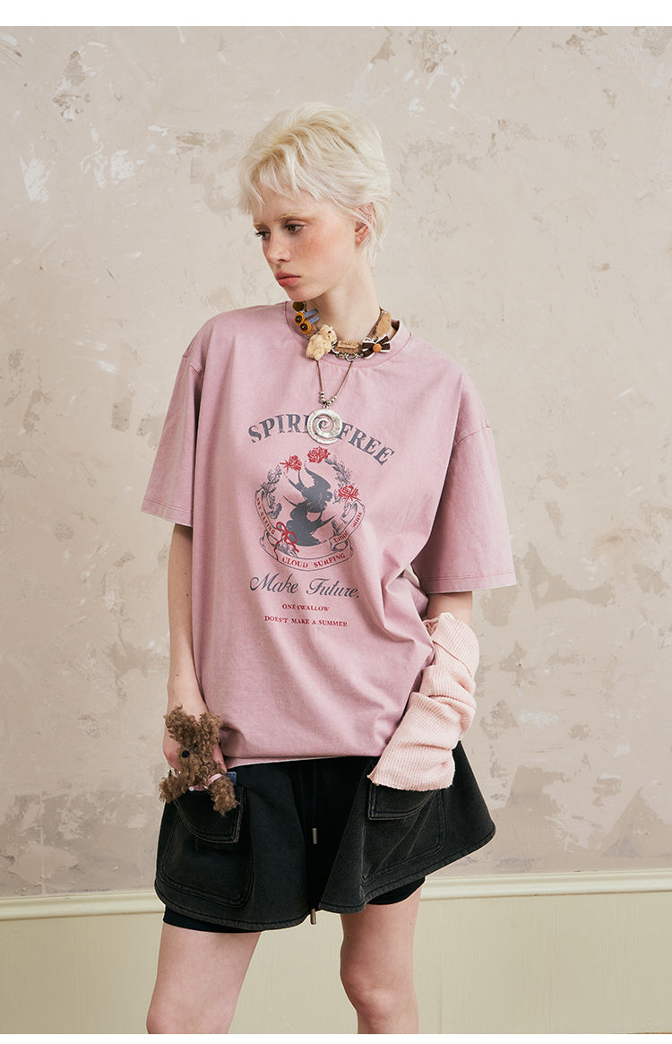 Swallow-Print Washed Cotton T-Shirt