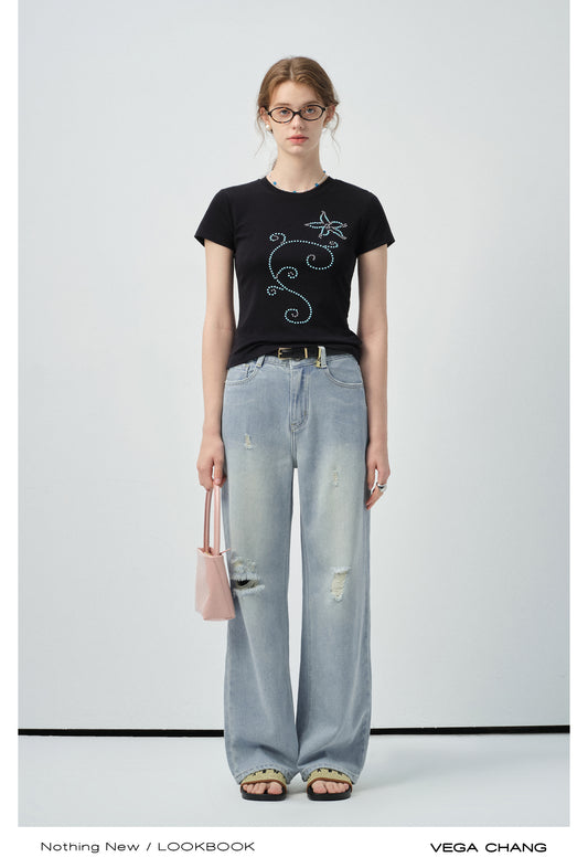 Washed High-Waist Ripped Jeans