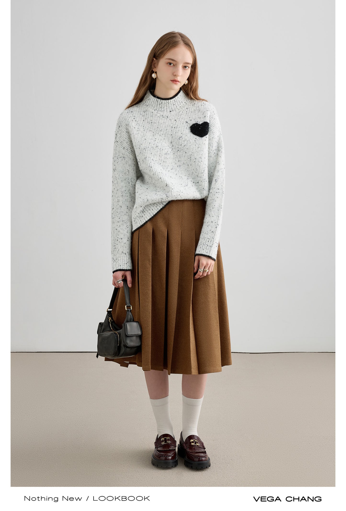 Heart Accent Tipping High Neck Melange Sweater