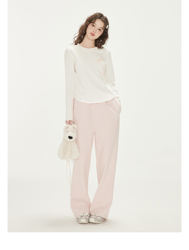 Ribbon Bow Motif Lettuce Edge T-Shirt