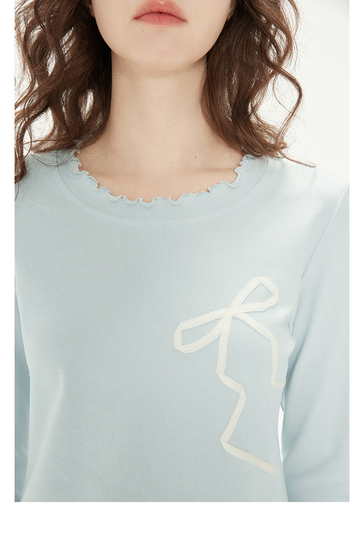 Ribbon Bow Motif Lettuce Edge T-Shirt