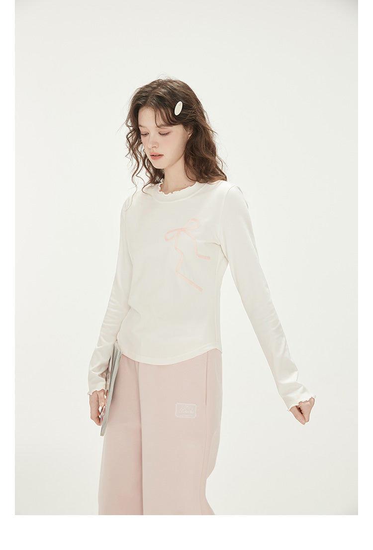 Ribbon Bow Motif Lettuce Edge T-Shirt