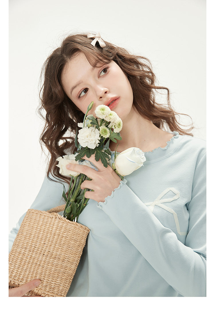 Ribbon Bow Motif Lettuce Edge T-Shirt