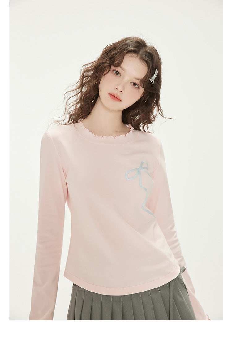 Ribbon Bow Motif Lettuce Edge T-Shirt