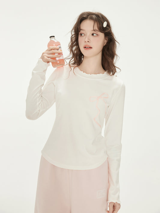 Ribbon Bow Motif Lettuce Edge T-Shirt