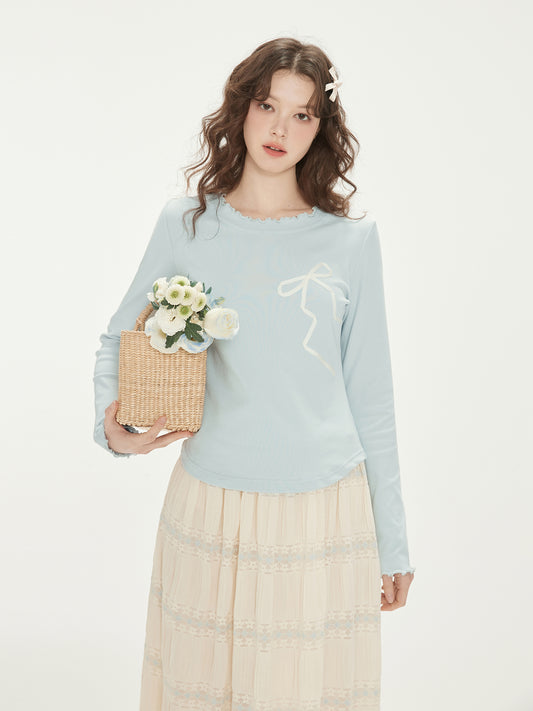 Ribbon Bow Motif Lettuce Edge T-Shirt