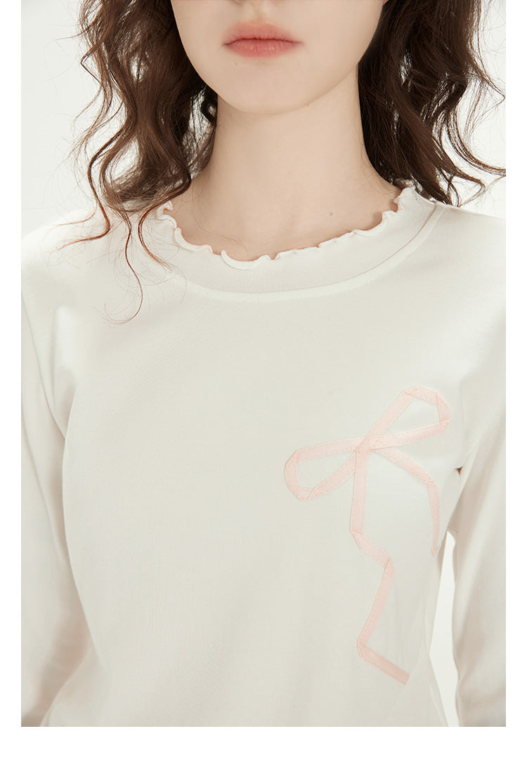 Ribbon Bow Motif Lettuce Edge T-Shirt