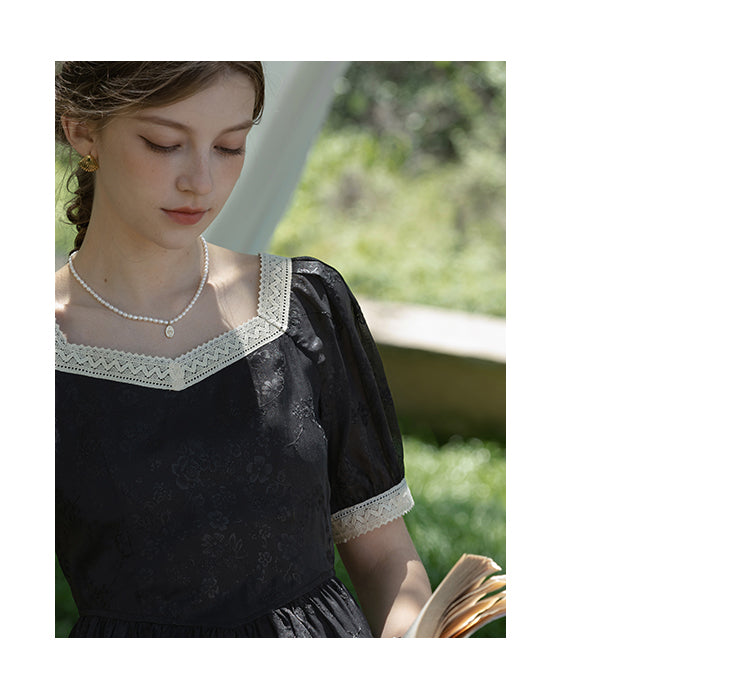Classic Puff-Sleeve Dress With Lace Trim
