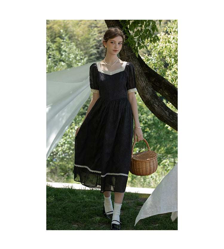 Classic Puff-Sleeve Dress With Lace Trim