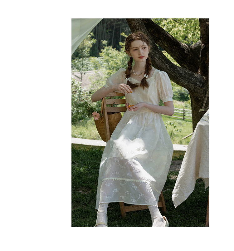 Classic Puff-Sleeve Dress With Lace Trim