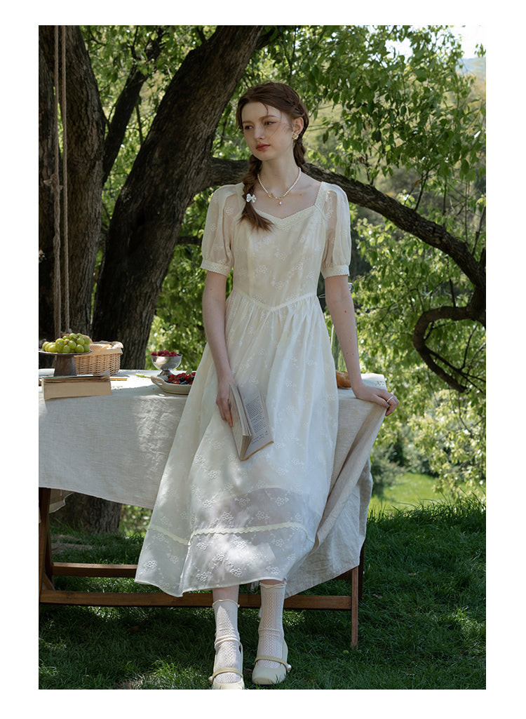 Classic Puff-Sleeve Dress With Lace Trim