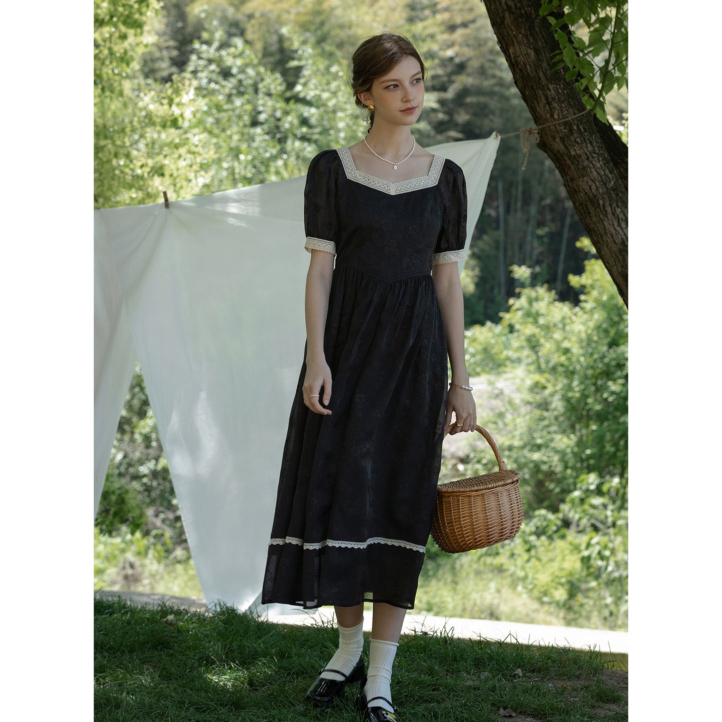 Classic Puff-Sleeve Dress With Lace Trim